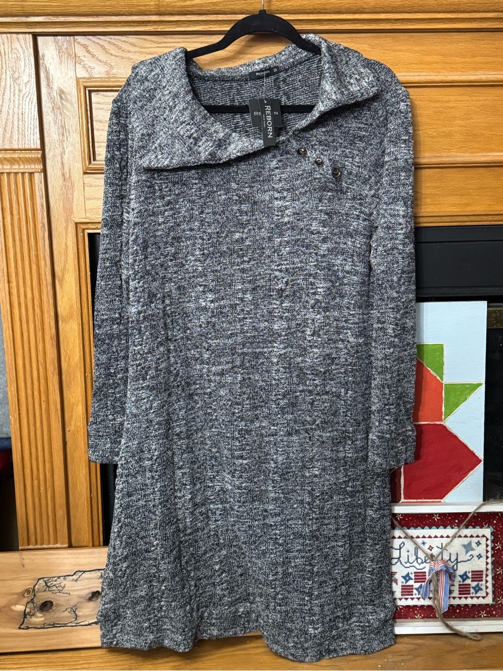 NWT Reborn Heather Gray Long Sleeve Knit Dress with Fold Collar